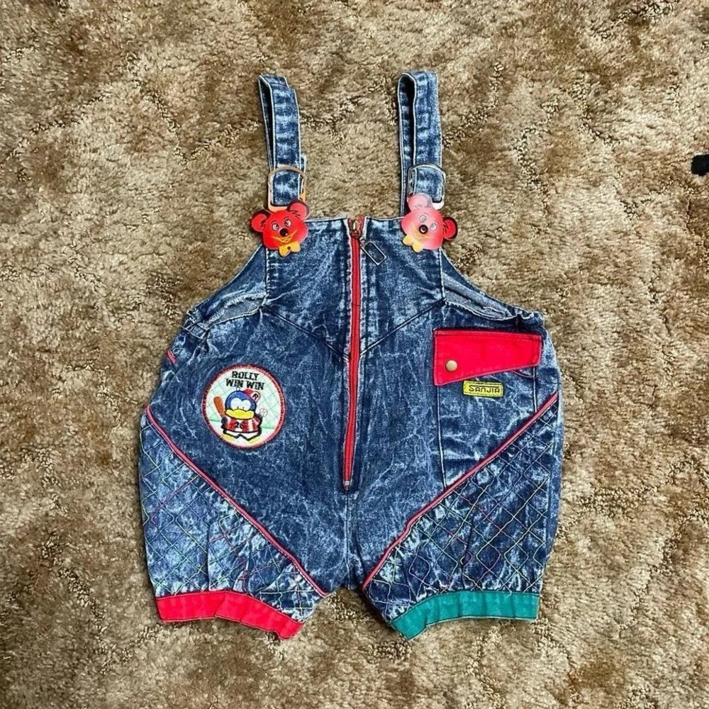 Vintage Kids Size 2T Blue Colorful Overalls Made in Taiwan